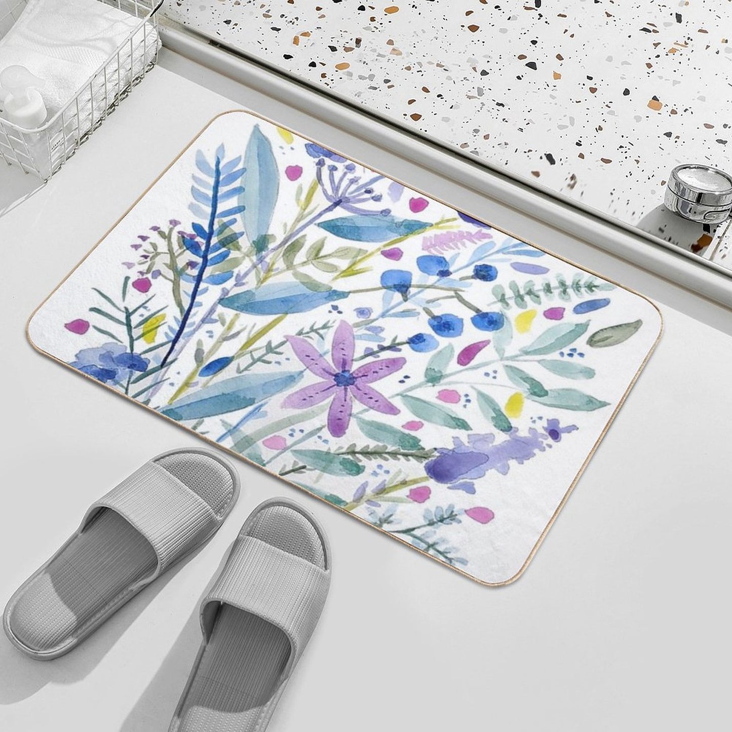Flowers in Blue And Purple Fade-Resistant Bath Mat