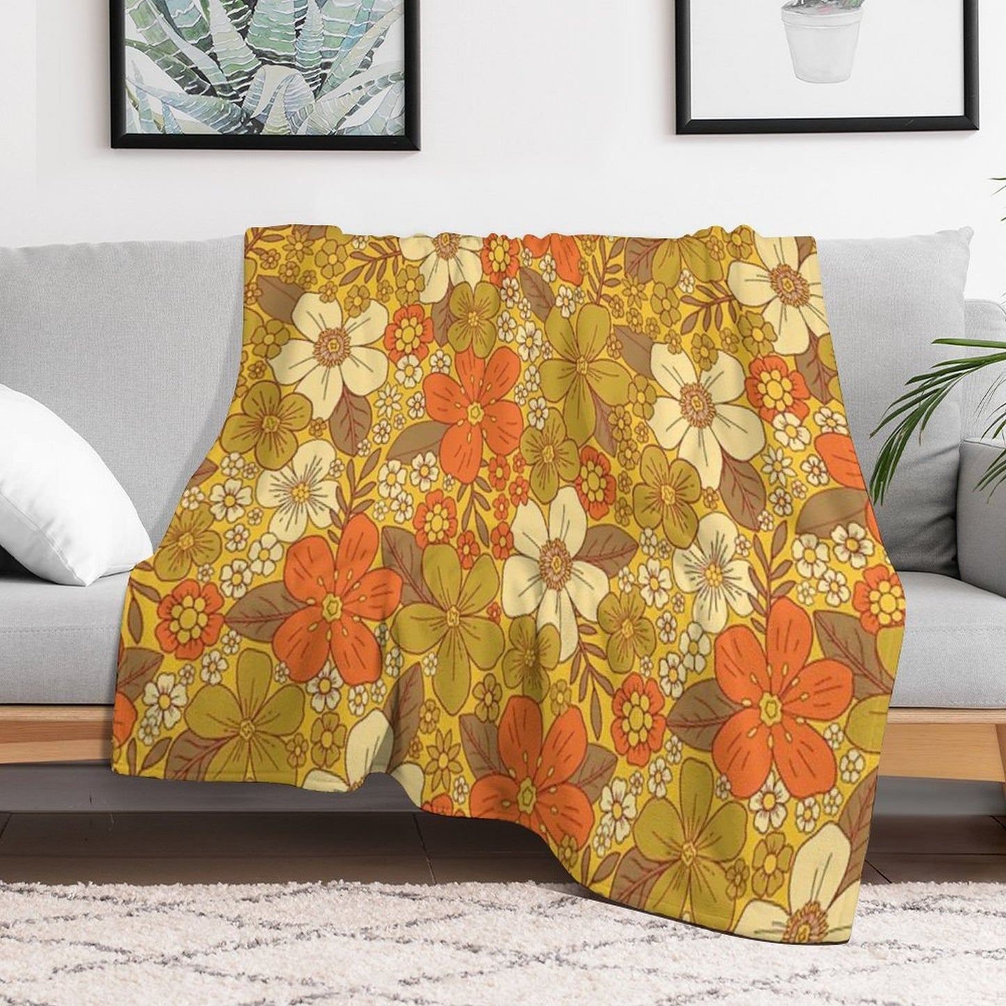 Retro 60s70s Orange & Olive Green Floral Easy Care Throw Blanket