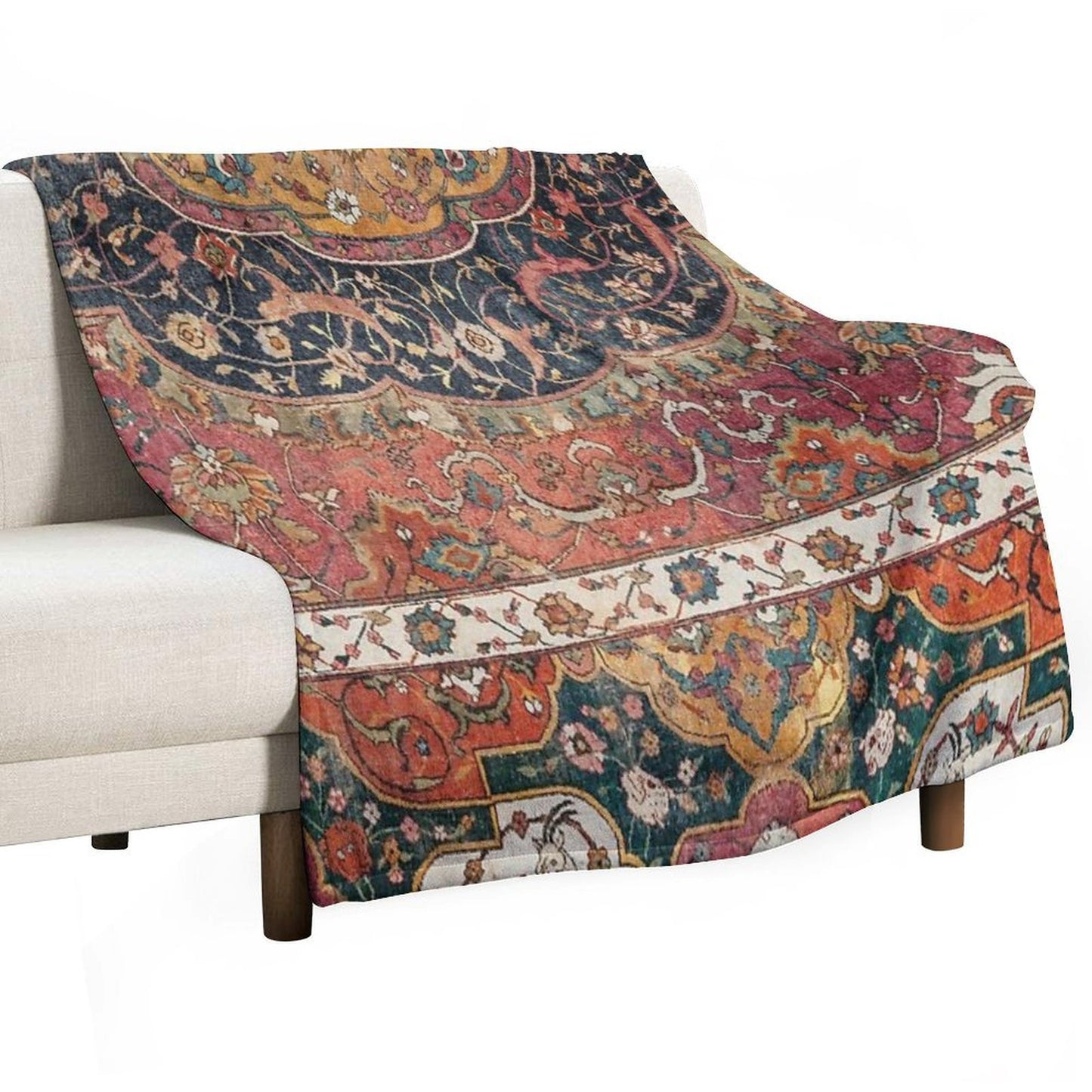 Persian Medallion Rug IX 16th Century Distressed Red Green Blue Flowery Colorful Ornate Pattern Quick-dry Throw Blanket