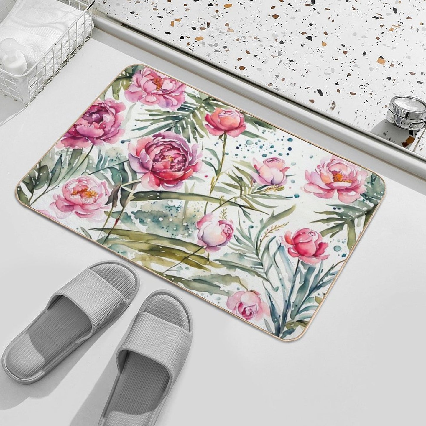 Beautiful Flower And Plant in Loose Watercolor Painting - Monstera Leaves. Peony And Rose Flowers in Soft Pastel Color Odorless Bath Mat