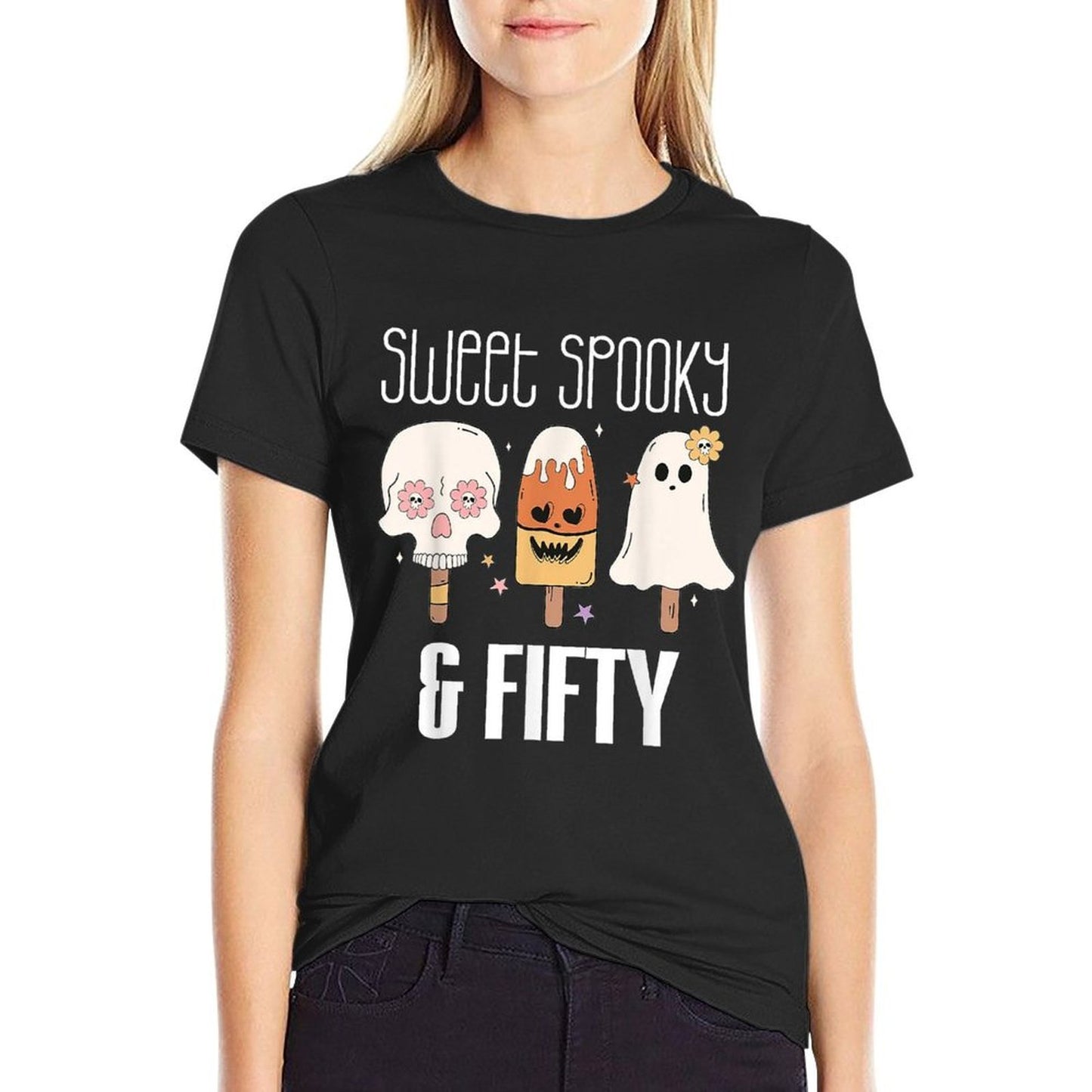 50th Birthday Sweet Spooky Forty Skull Ghost Ice Cream Ribbed Collar T-Shirt