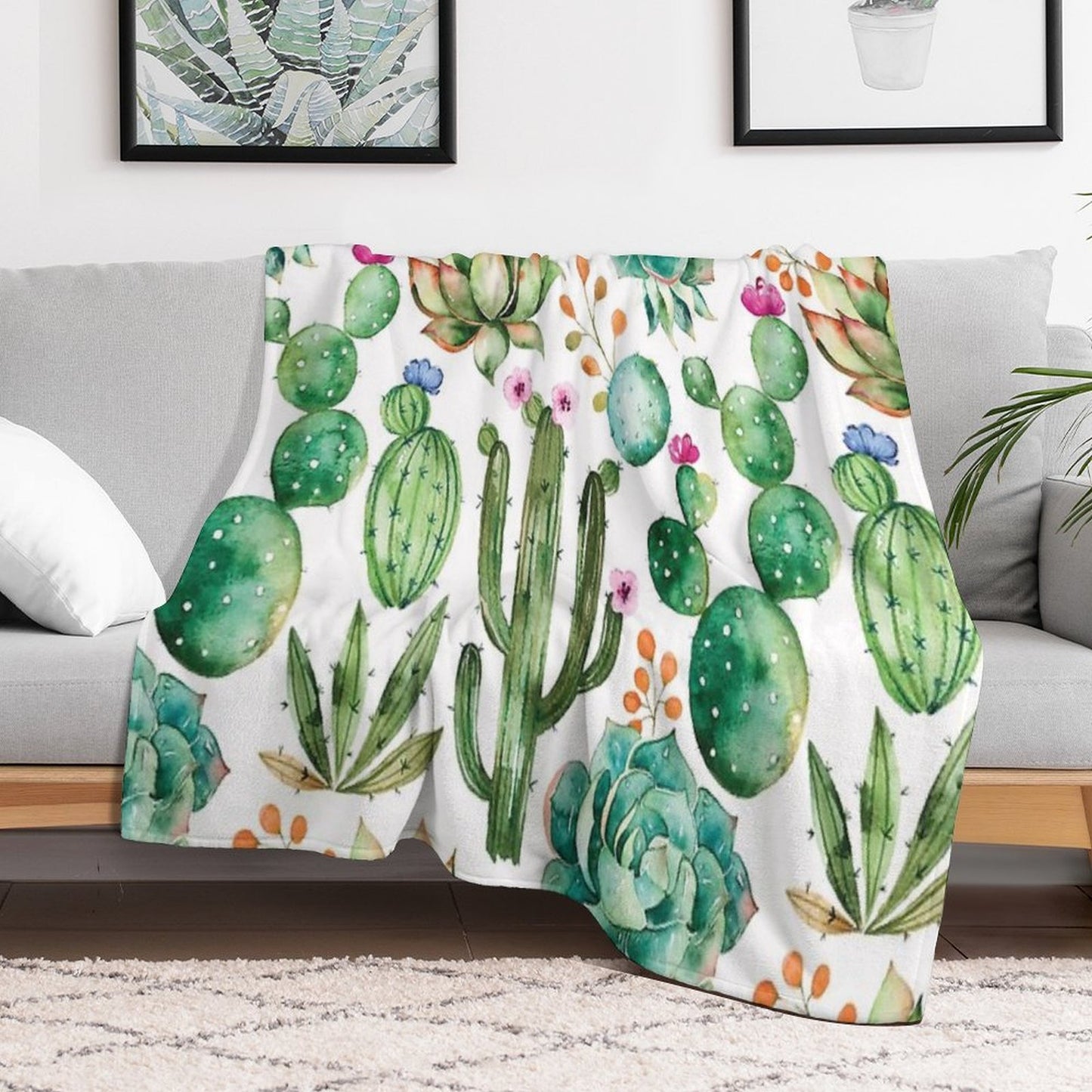 Watercolor Cactus Pattern Eco-conscious Throw Blanket