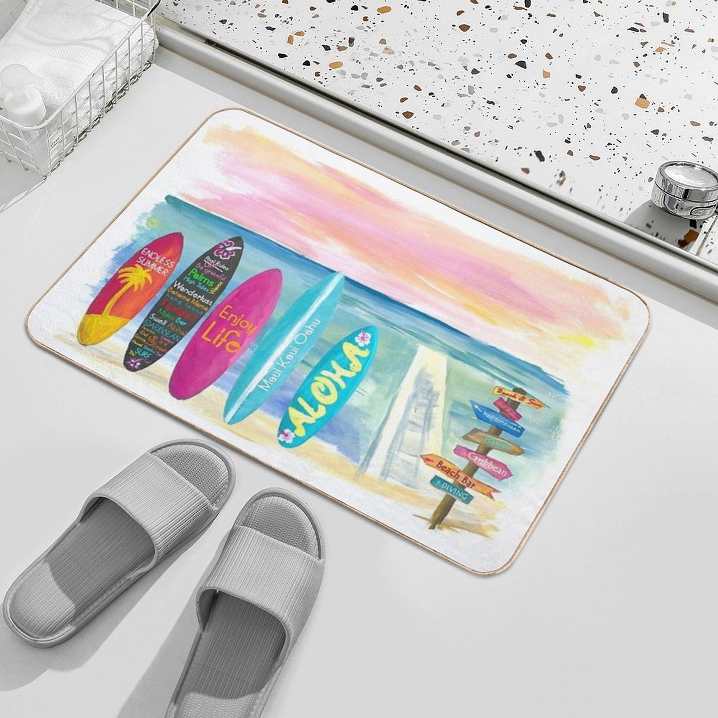 Surfboard Philosophy - Enjoy Life, Travel And Surf - Surfboard Wall Easy Maintenance Bath Mat