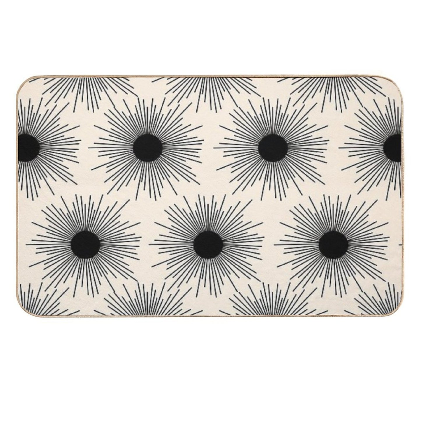Sunburst Mid-Century Modern Sun Pattern in Black And Almond Cream Easy Maintenance Bath Mat