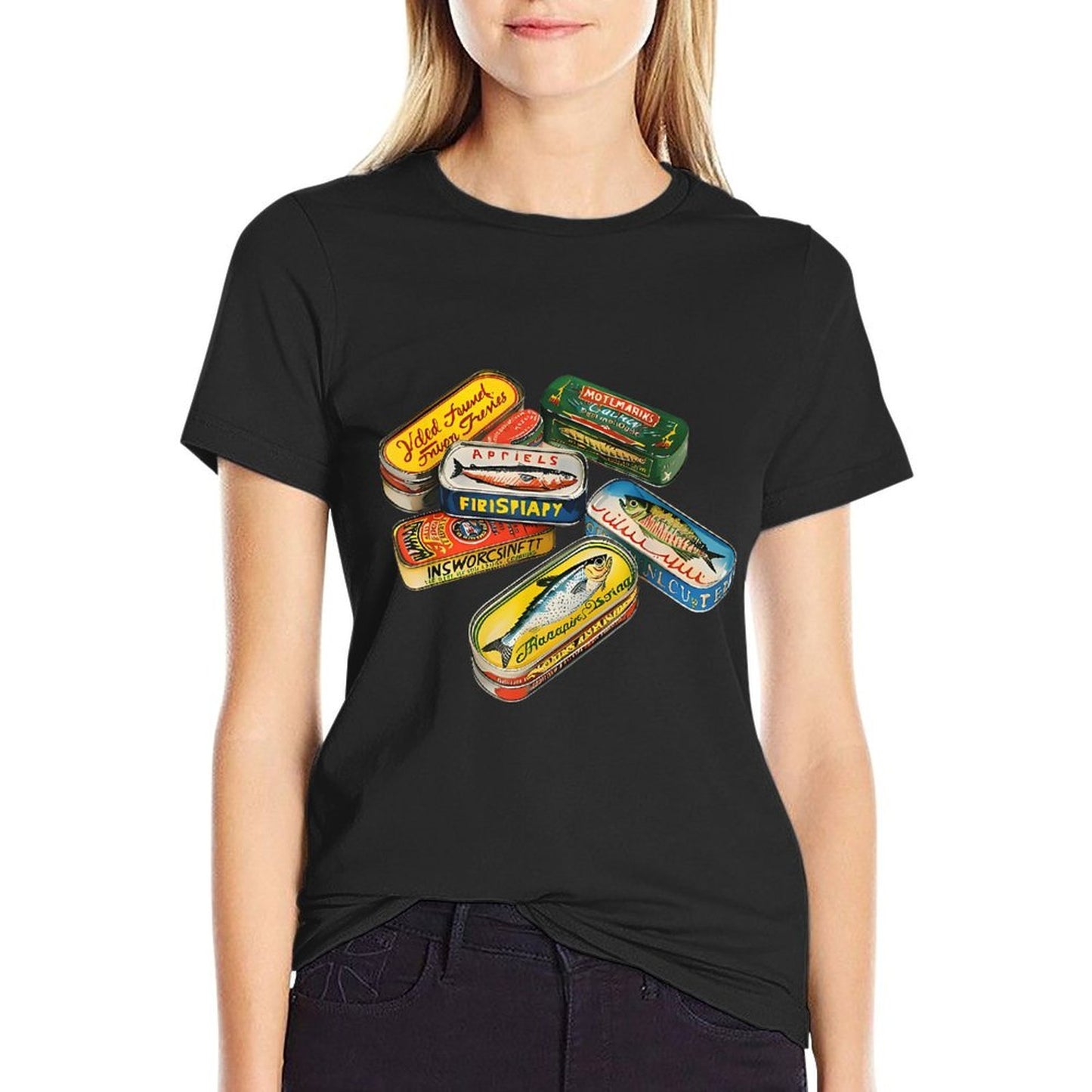 90s Sardine Tins Anchovy Canned Fish Unisex-Adult Black Small Sardine Tin Pattern Crew Neck Lightweight Straight Fit Slim-fit Cut T-Shirt