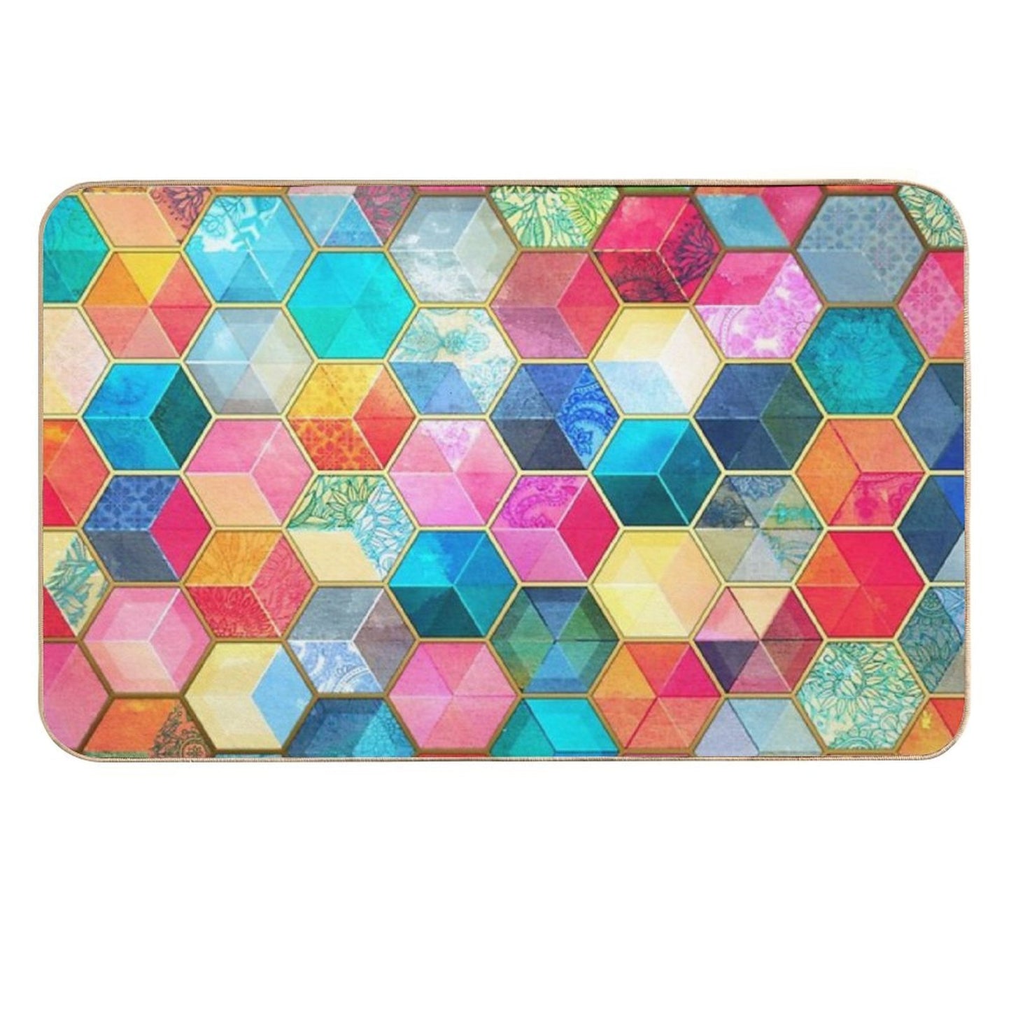 Crystal Bohemian Honeycomb Cubes - Colorful Hexagon Pattern Non-Slip Bath Mat
