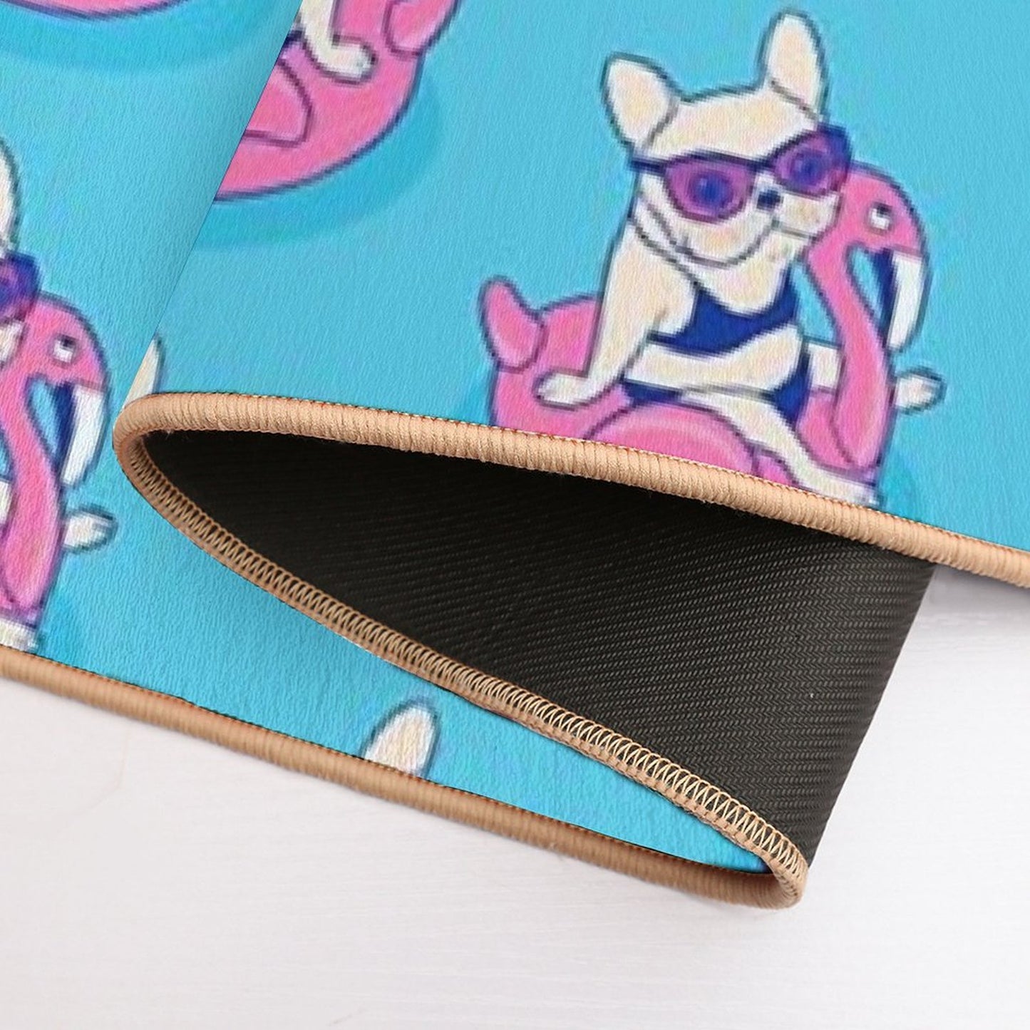 Frenchie Enjoys Summer on Flamingo Pool Float in Swimming Pool Dirt-Trapping Bath Mat