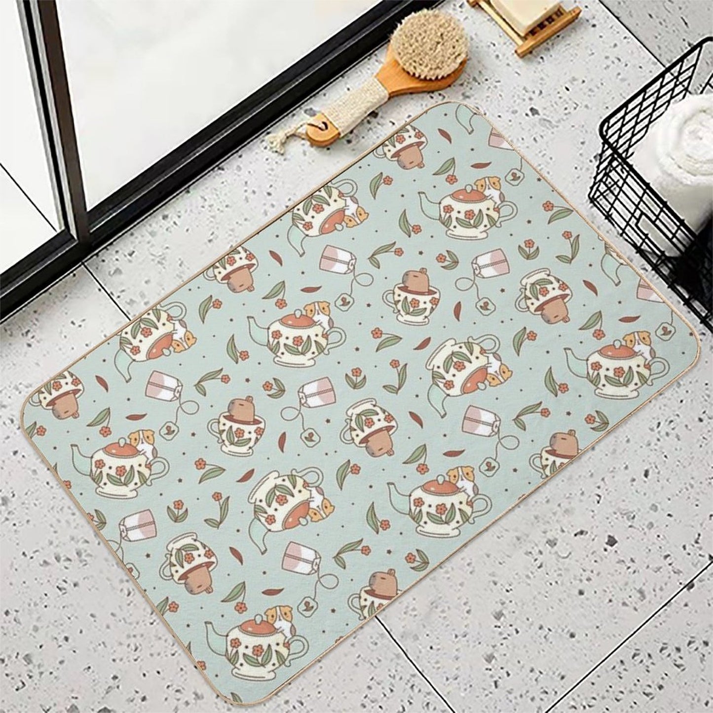 Guinea Pig And Capybara Tea Party Pattern, Bubu And Moonch Long-Lasting Bath Mat