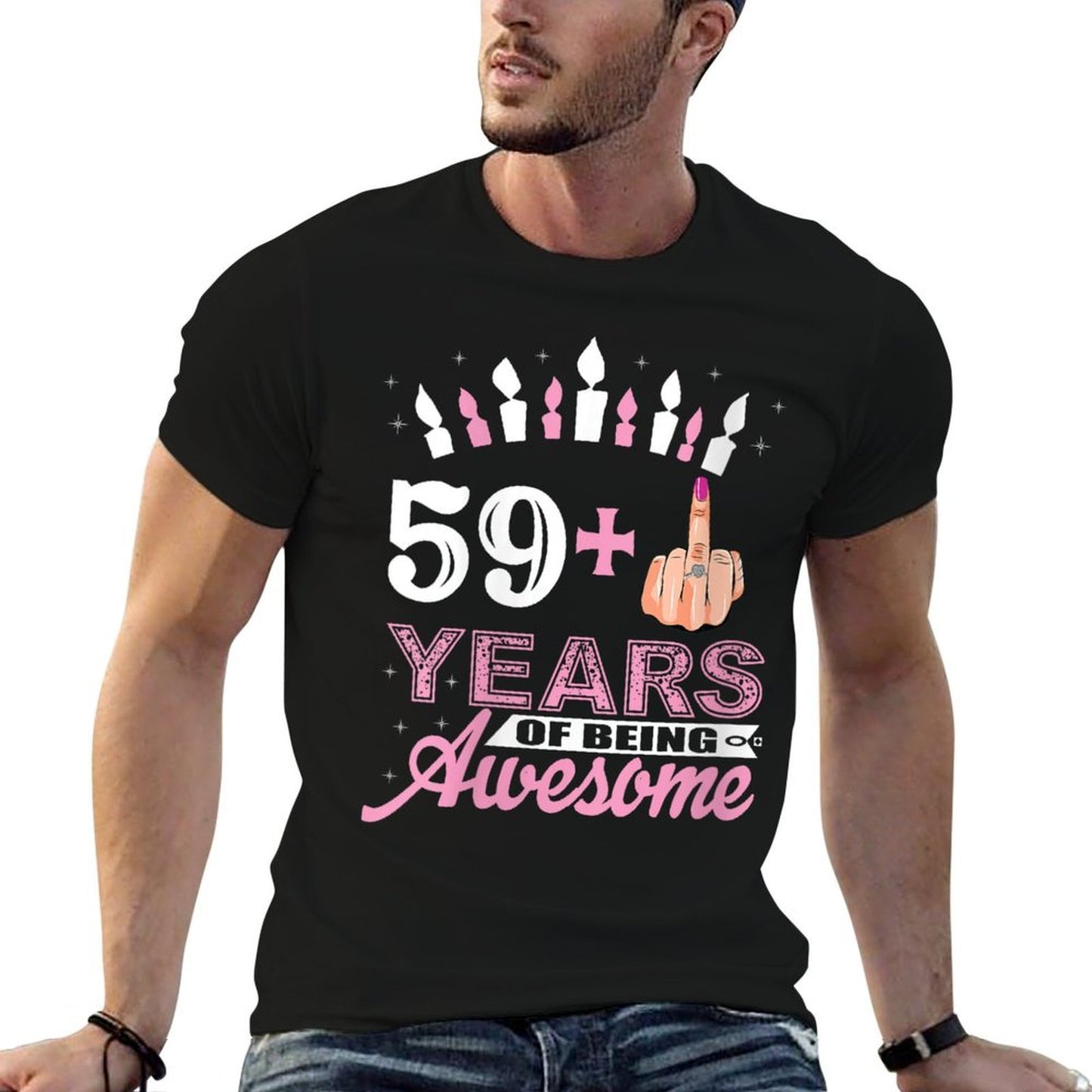 Womens Funny 59 Plus Middle Finger 60th Birthday Gifts For Women  Rolled Sleeves T-Shirt