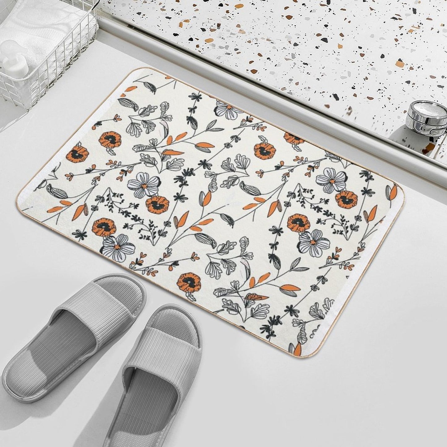 Orange Flower Pattern Long-Lasting Bath Mat
