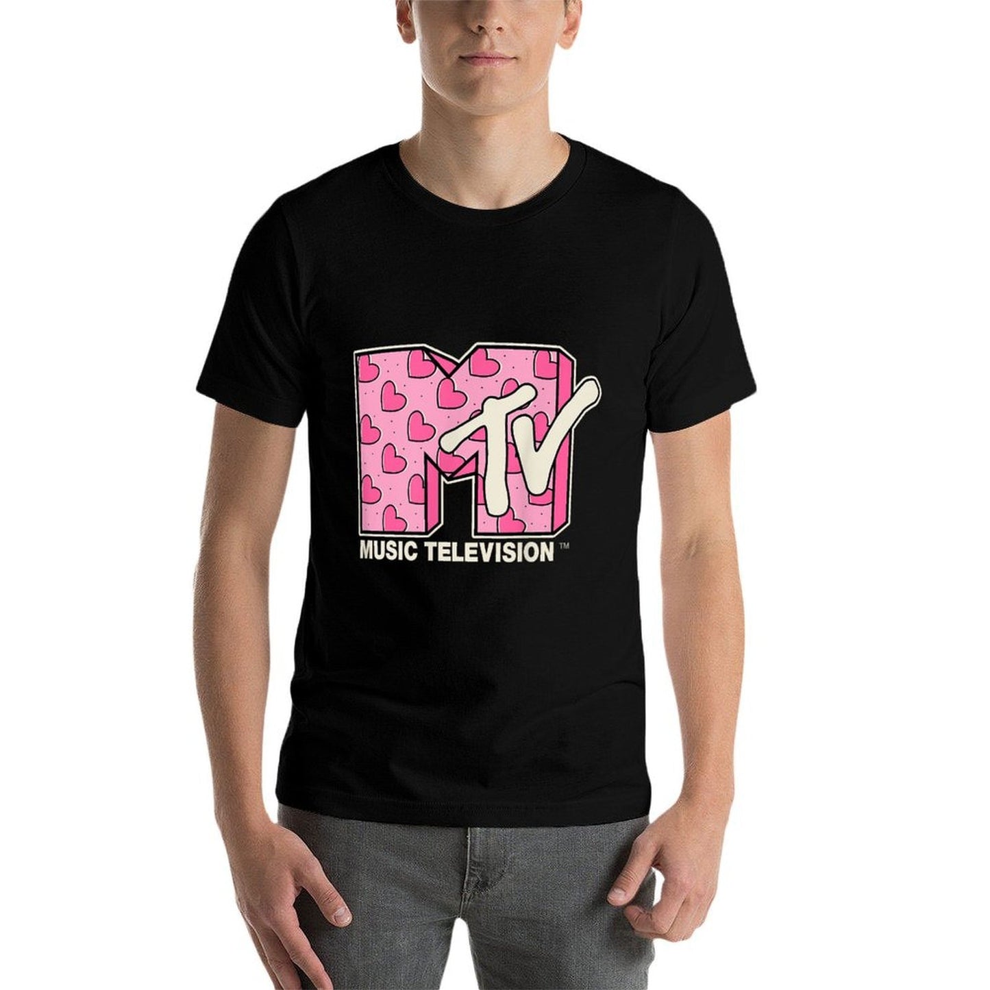 MTV Music Television Valentines Day Heart Pattern Fill Cotton T-Shirt