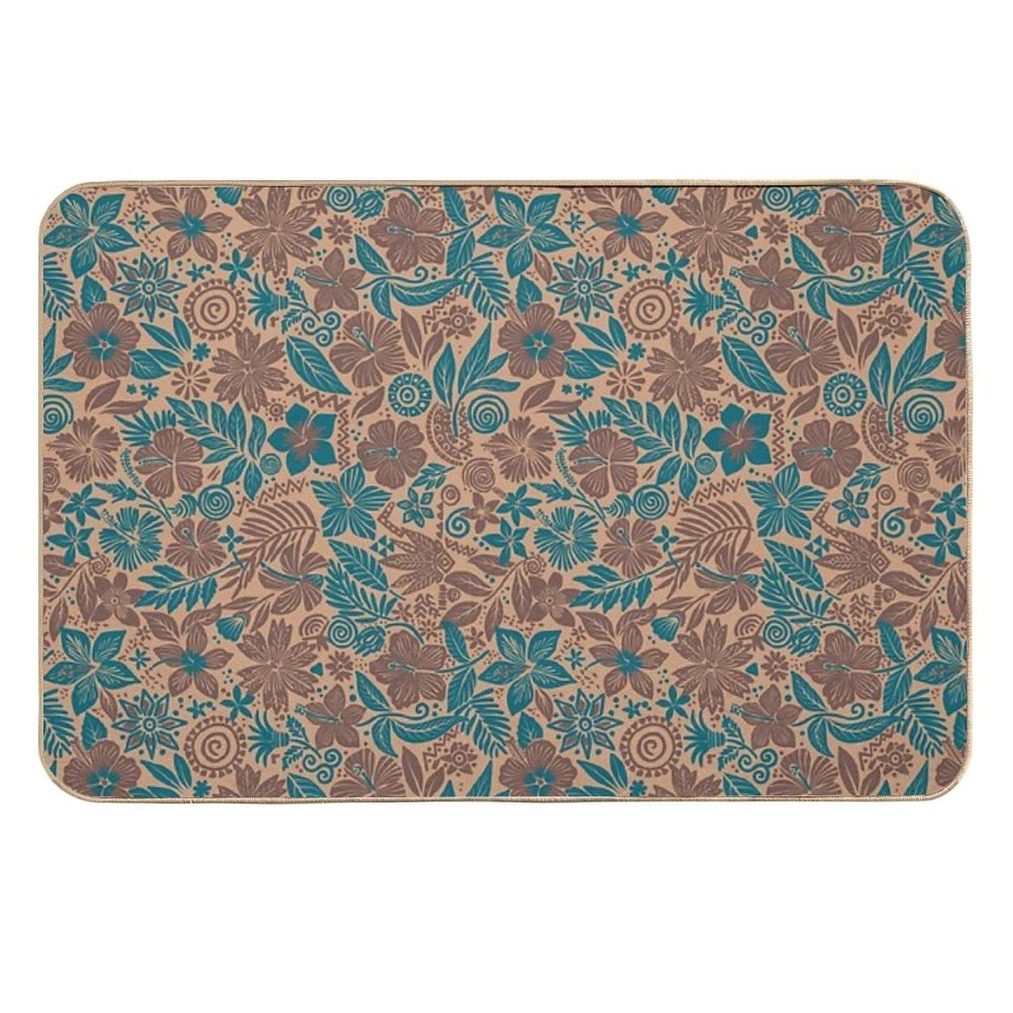 Beige And Teal Tropical Floral Tribal Print Eco-Friendly Bath Mat