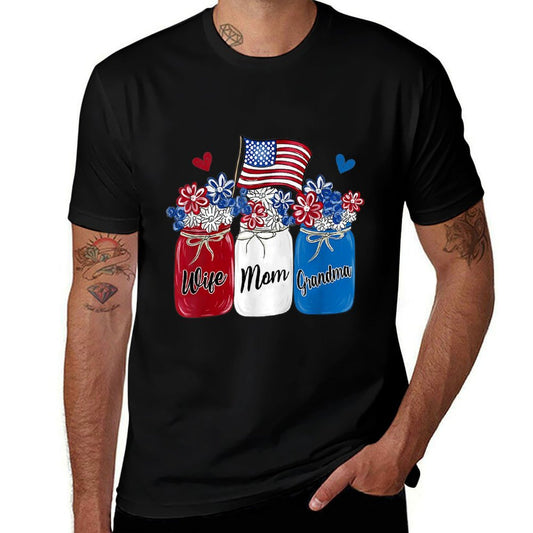 Womens Wife Mom Grandma Sunflower American 4th of July  Fade-proof Color T-Shirt