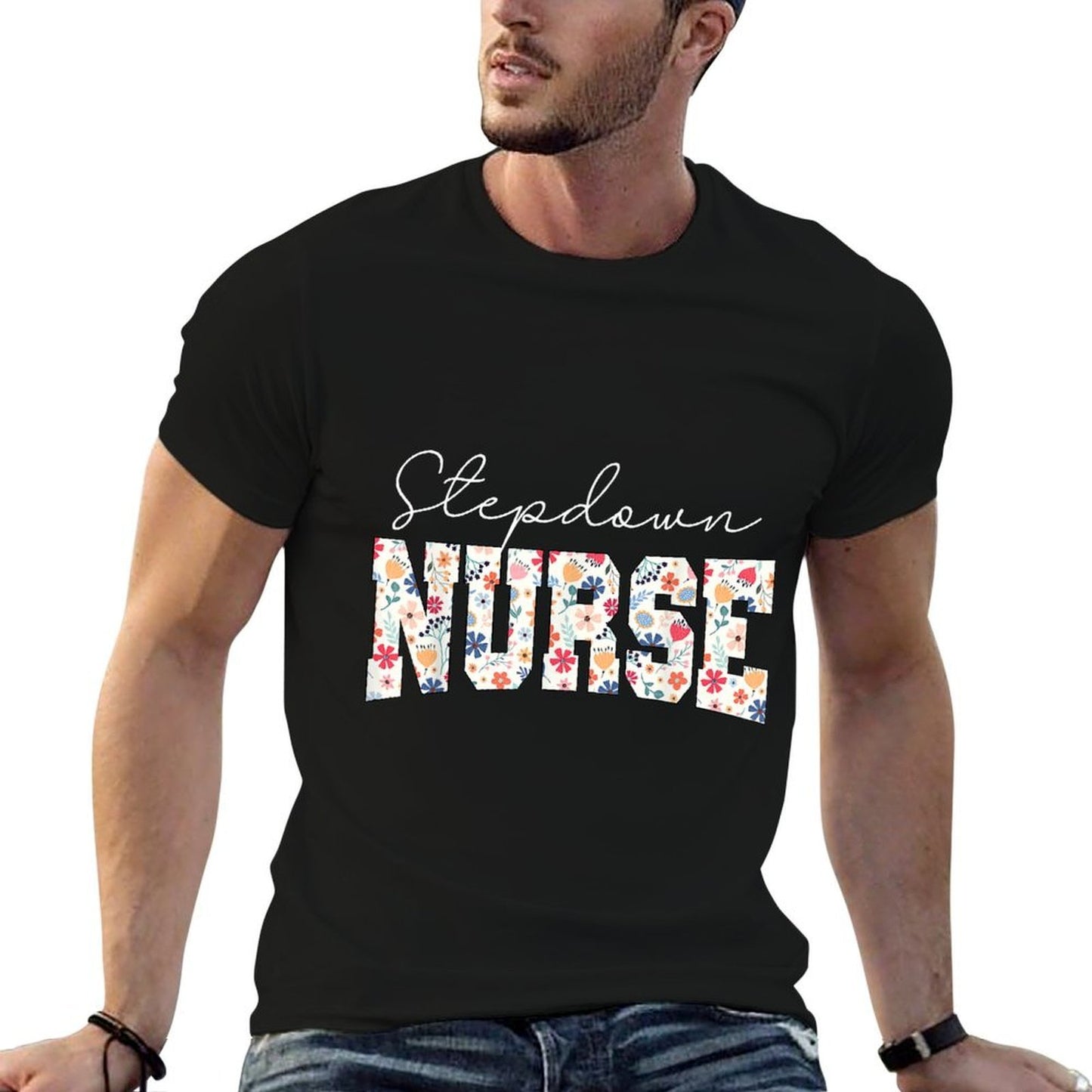 Retro Floral Stepdown Nurse Stepdown Unit CVICU CTICU Nurse Rolled Sleeves T-Shirt