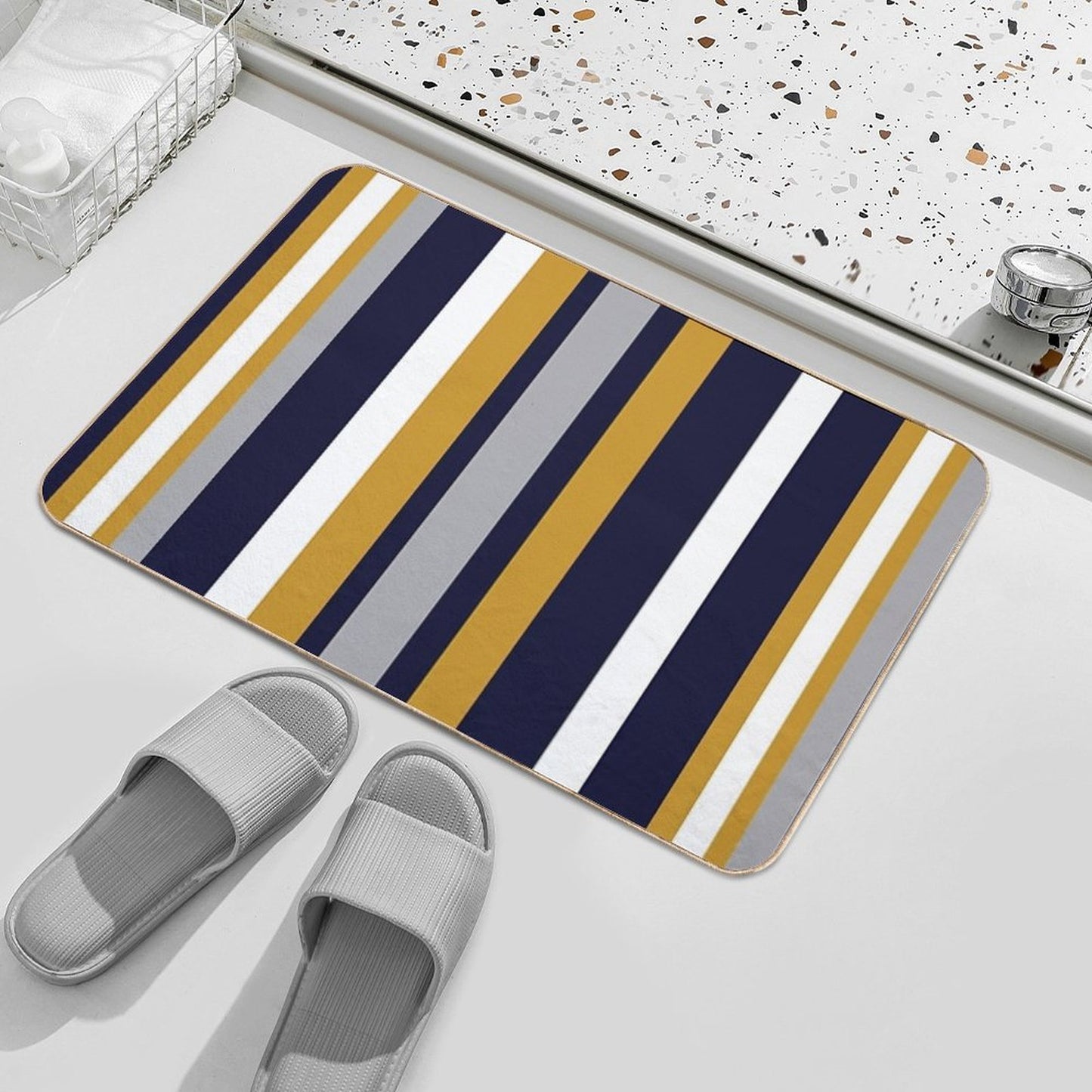 Modern Stripes Vertical Pattern in Honey Mustard Yellow, Dark Navy Blue, Gray, And White. Minimalist Color Block Pet-Safe Bath Mat