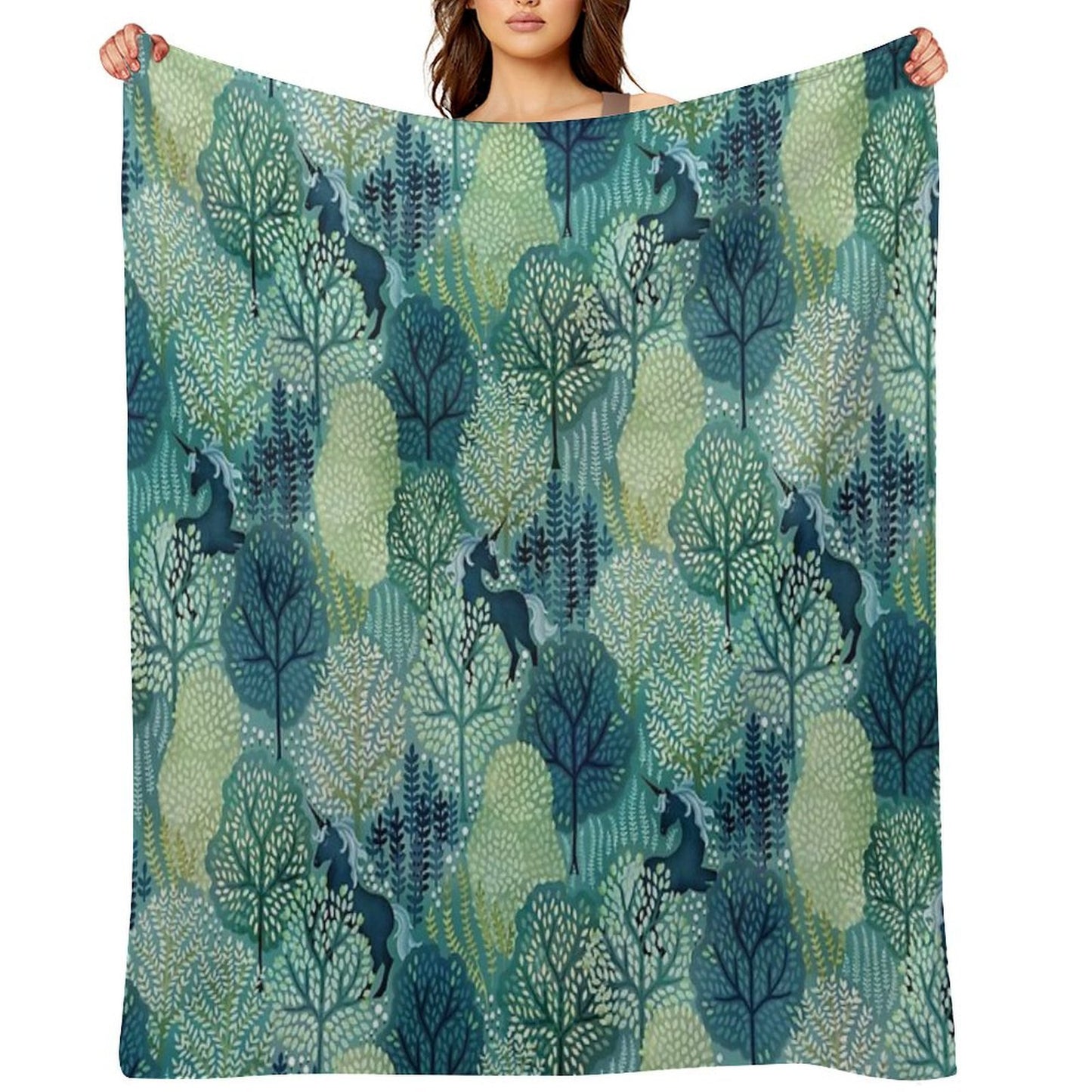 Hidden Unicorn Woods in Shades of Green Watercolor Eco-conscious Throw Blanket