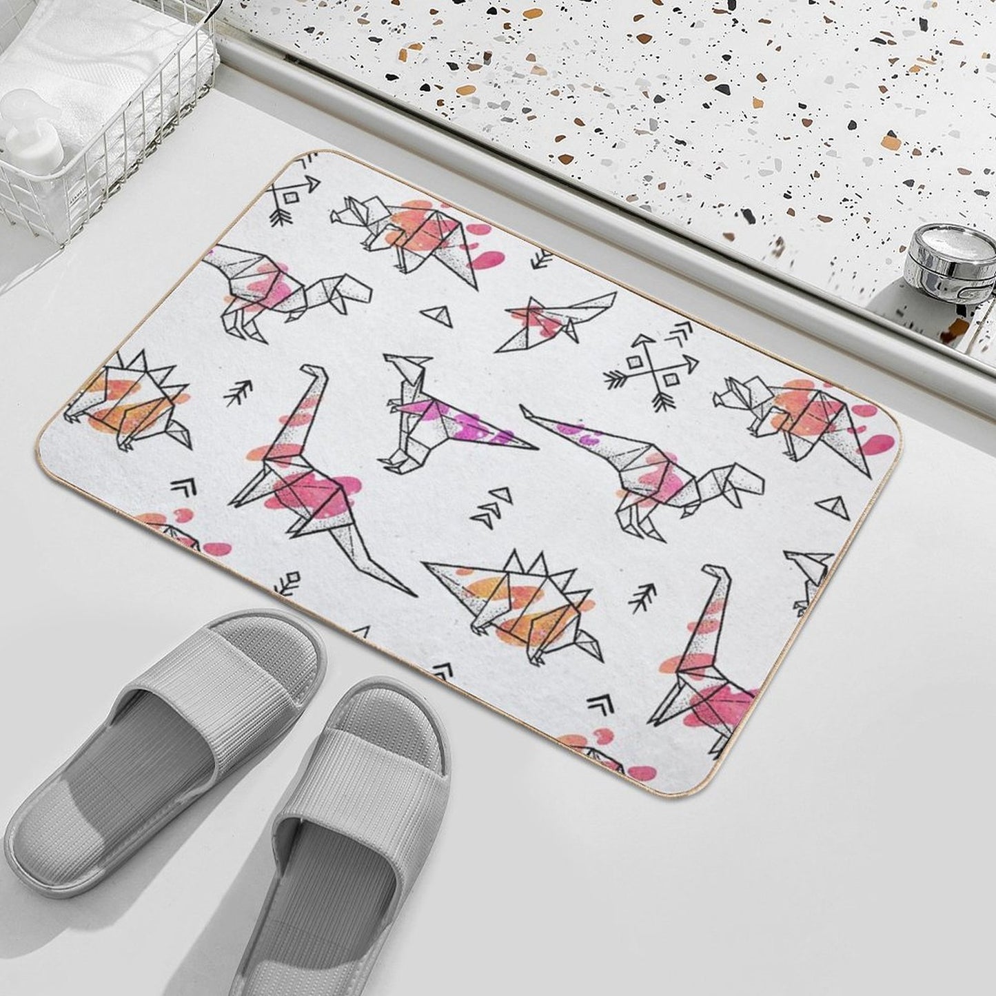 Origami Dinosaurs with Abstract Colorful Splash Easy Maintenance Bath Mat