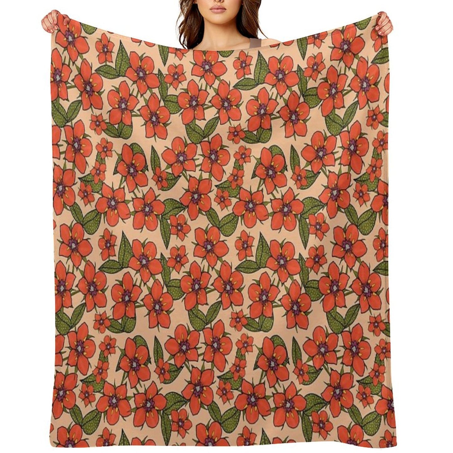 Scarlet Pimpernel Floral Design, Red And Purple Flowers with Green Leaves on A Peach Fuzz Background Easy Care Throw Blanket