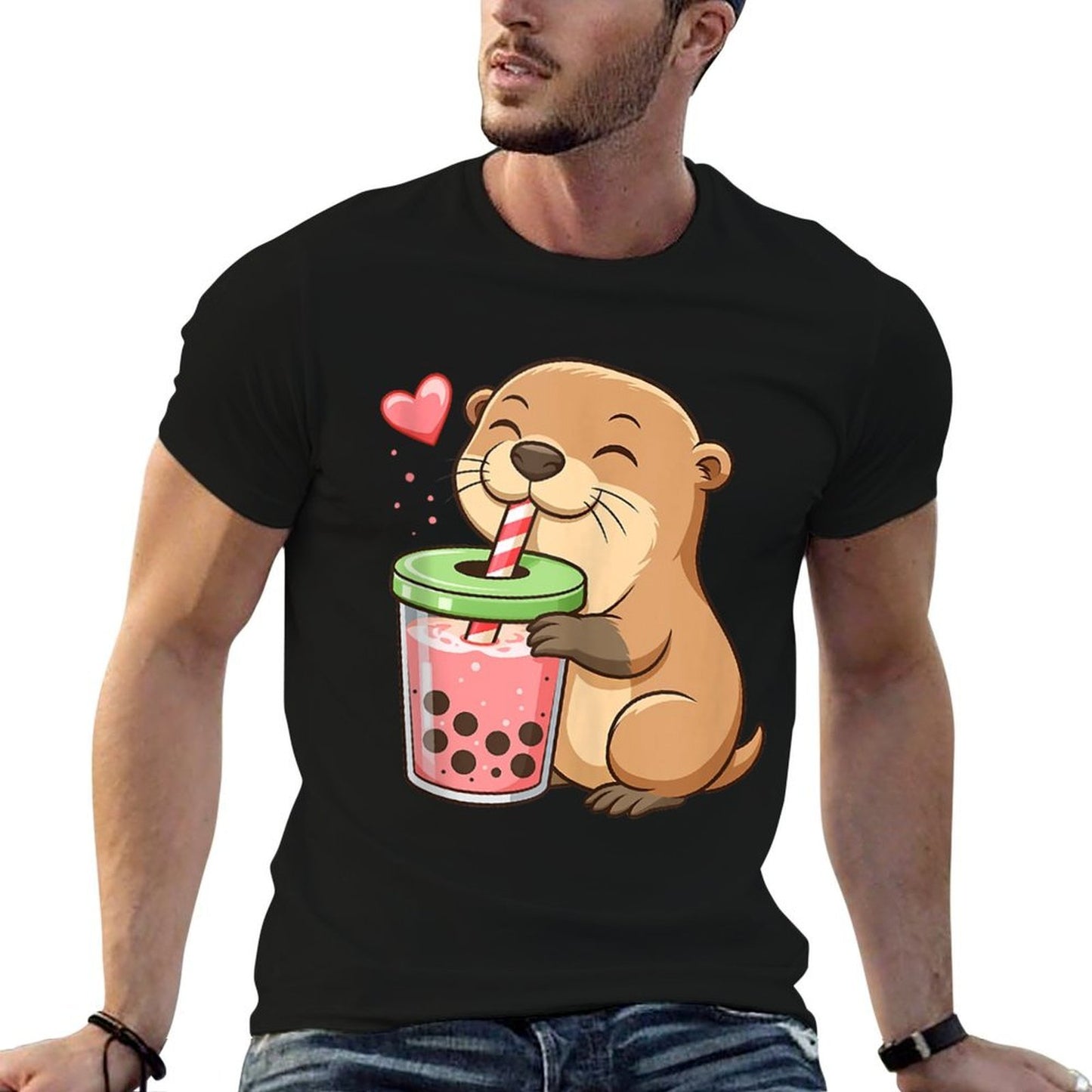 Otter Drinking Bubble Tea Boba Japanese Anime Culture Manga Heathered Texture T-Shirt