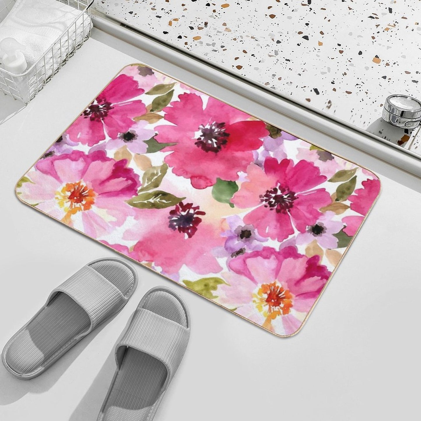 Watercolor Flowers Pink Fuchsia Fade-Resistant Bath Mat