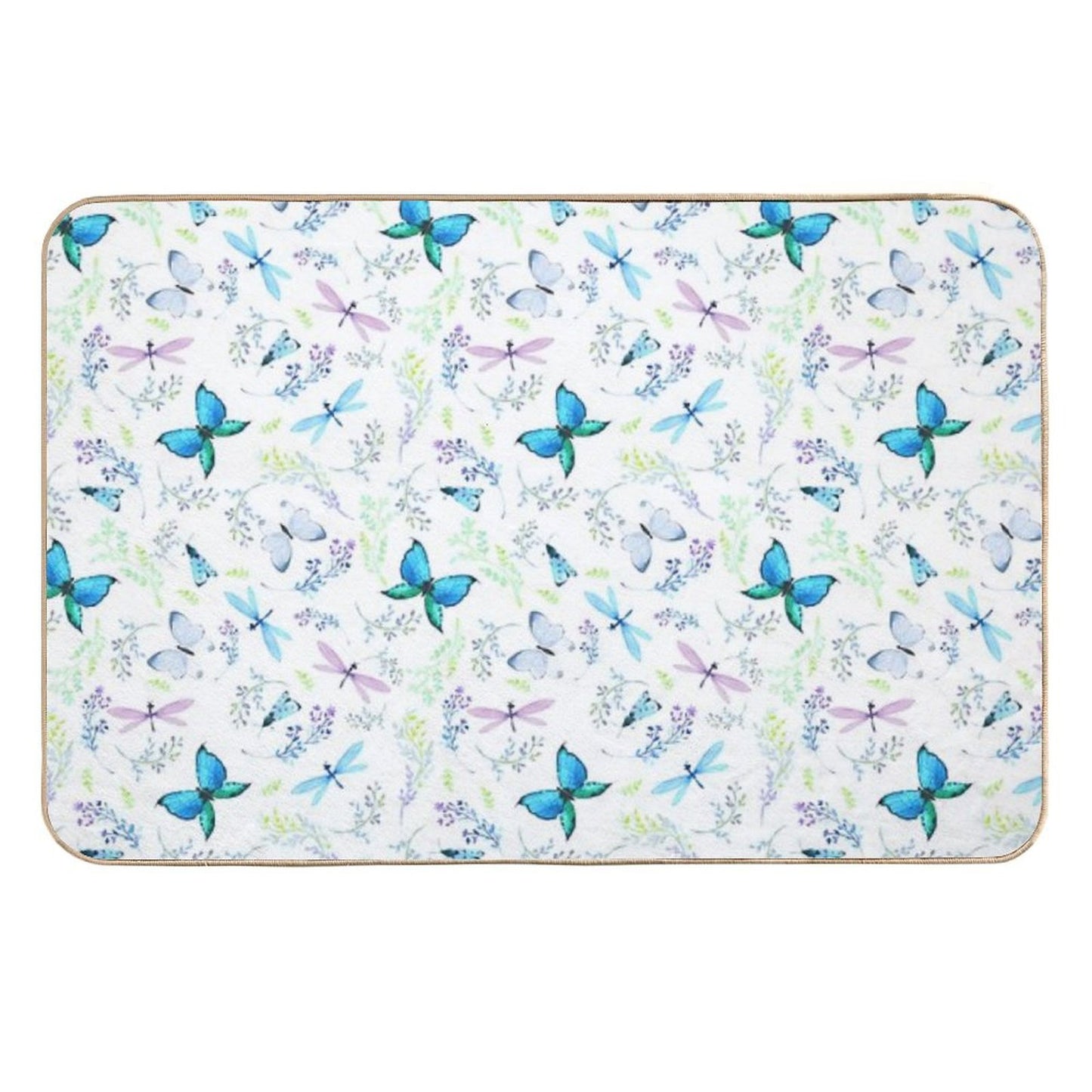 Watercolor Seamless Pattern Butterflies And Dragonflies Easy Maintenance Bath Mat