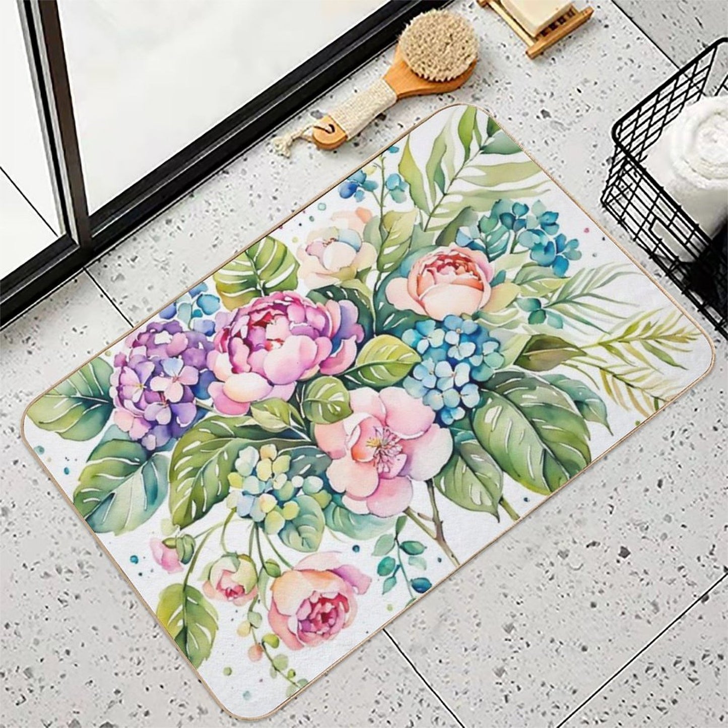 Beautiful Flower And Plant in Loose Watercolor Painting - Monstera Leaves- Blue Purple Peach Hydrangea, Hortensia, Peony And Ros Pet-Safe Bath Mat