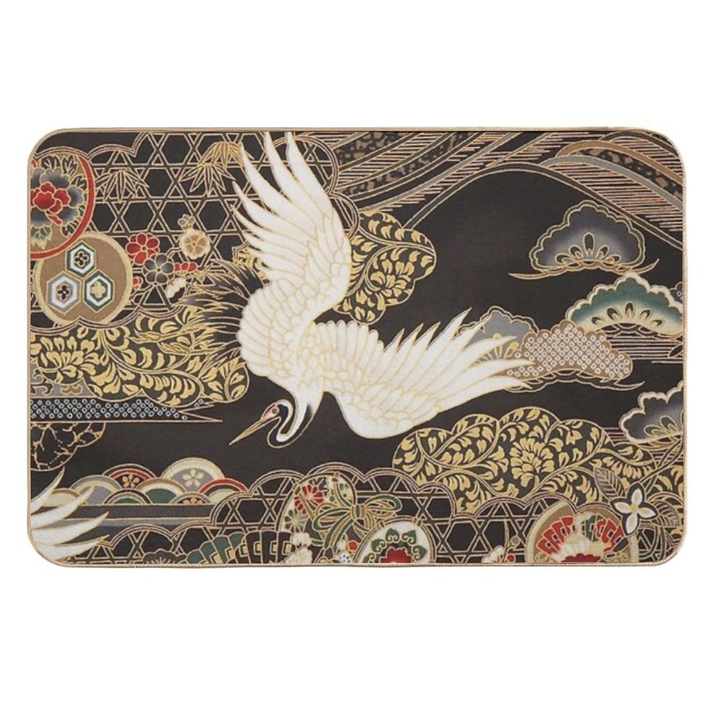VintageJapanese Cranes Gold And Black Slip-Resistant Bath Mat