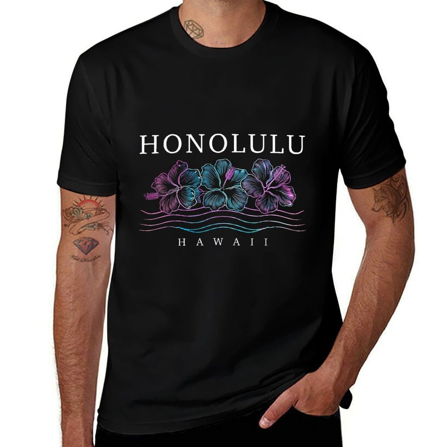 Honolulu Hawaii Hawaiian Hibiscus Flowers Surfer Souvenir Summer-ready Fabric T-Shirt