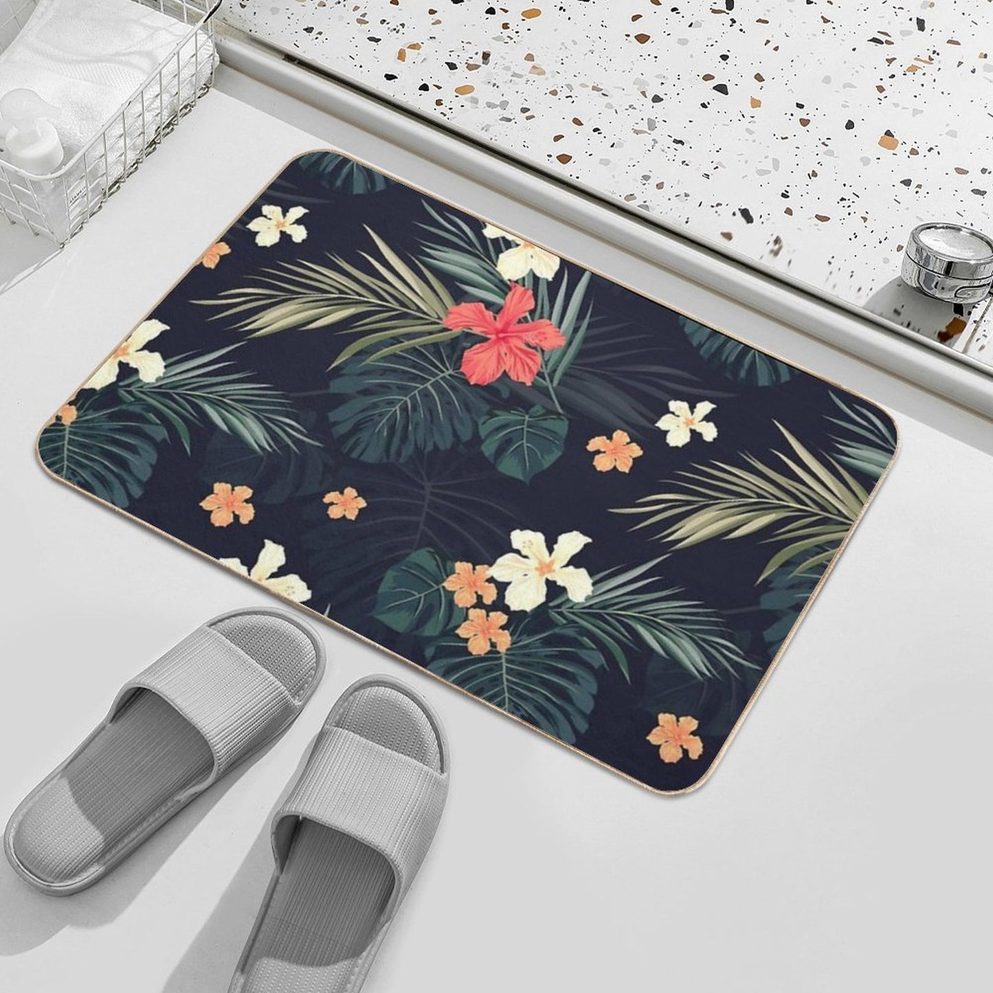 Dark Tropical Flowers Rapid-Drying Bath Mat