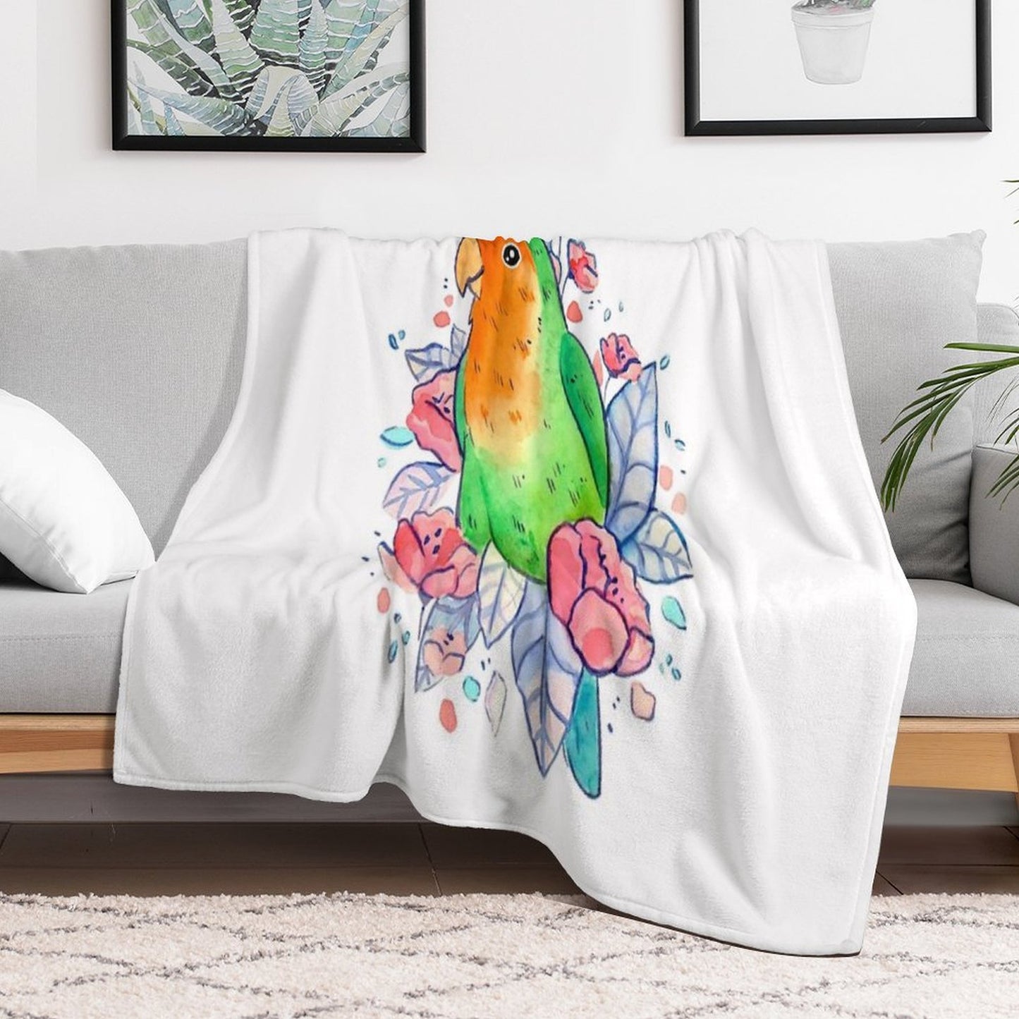 Flowery Lovebird Plush Throw Blanket