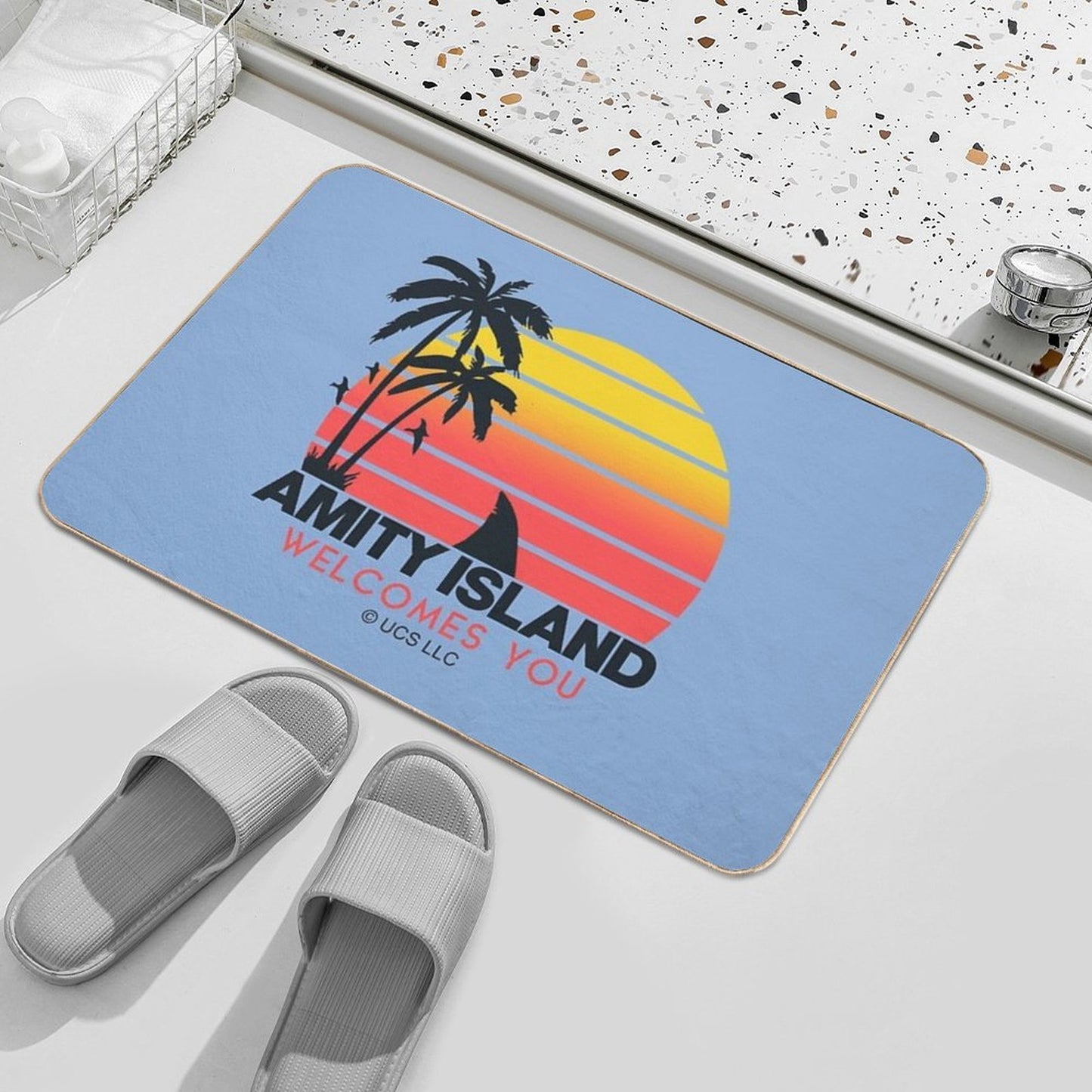 Jaws Movie Amity Island Welcomes You. Birthday Party Gifts. Officially Licensed Merch. Repositionable Bath Mat
