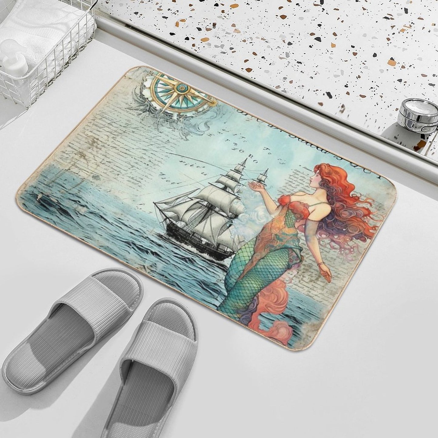 Vintage Mermaid Nautical Fade-Resistant Bath Mat