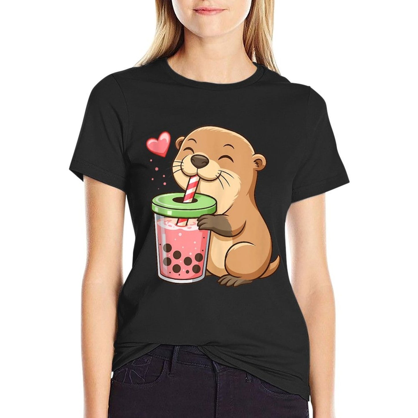 Otter Drinking Bubble Tea Boba Japanese Anime Culture Manga Heathered Texture T-Shirt