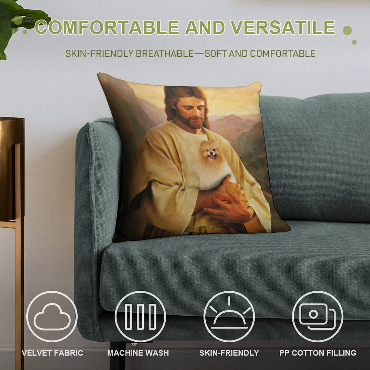 Pomeranian Dog And Jesus Lover Soft Decorative Cover Throw Pillow