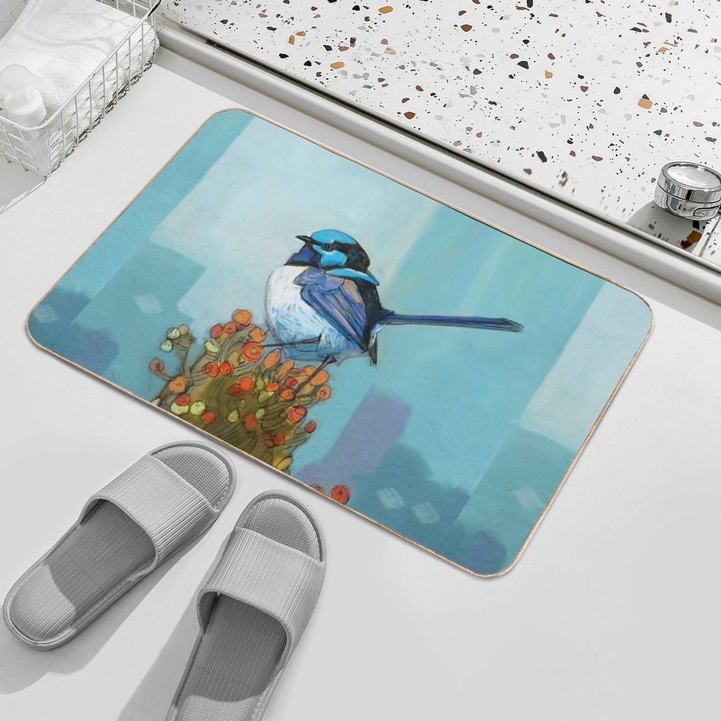 Blue Wren on Bush Repositionable Bath Mat
