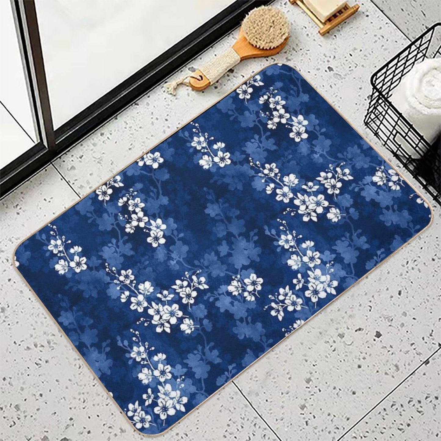 Sakura Blossom in Deep Blue Fade-Resistant Bath Mat
