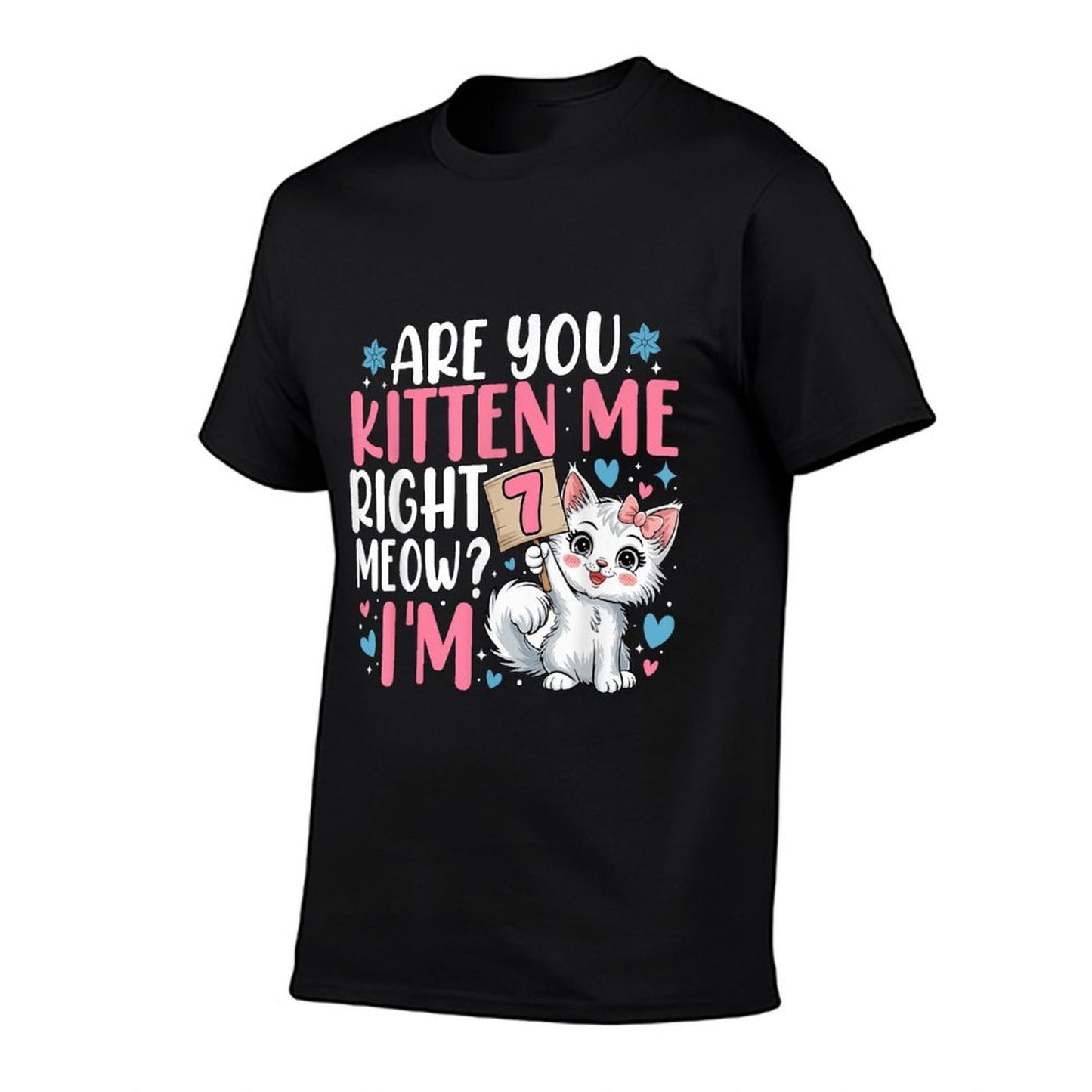 7th Birthday Girl 7yr Seven 7 Year Old Kitten Cat Bday Trendy Pattern T-Shirt