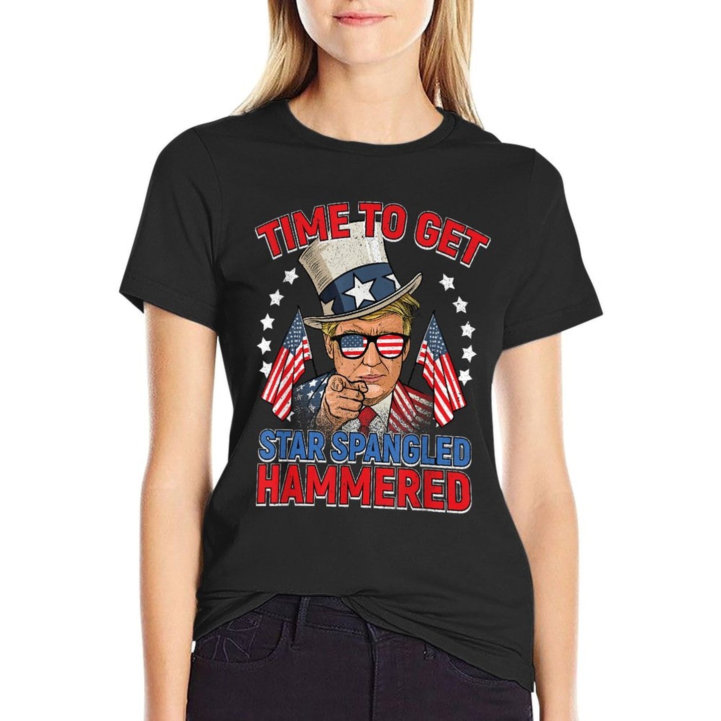 Trump 4th Of July Star Spangled Hammered Drinking Oversized Silhouette T-Shirt