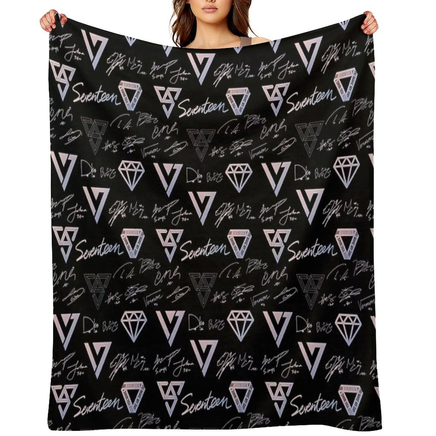 SEVENTEEN Signatures And Logos Pattern (Black) Multi-functional Throw Blanket