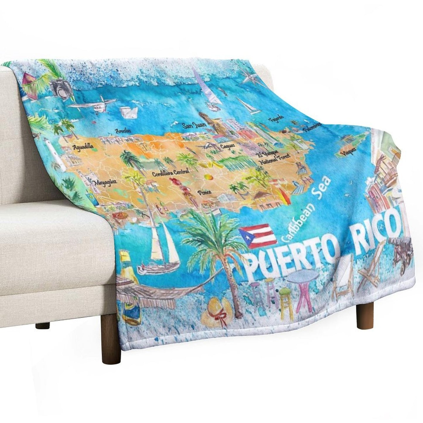 Puerto Rico Islands Illustrated Travel Map with Roads And Highlights Shrink-resistant Throw Blanket
