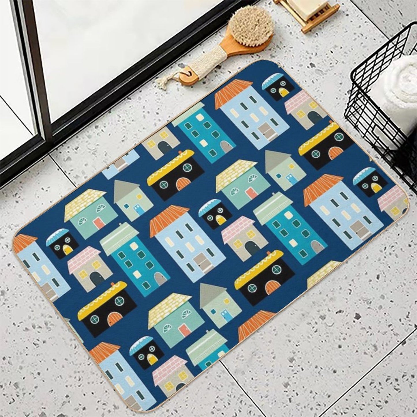 Cute Blue And Yellow House And Home Illustrations Non-Slip Bath Mat