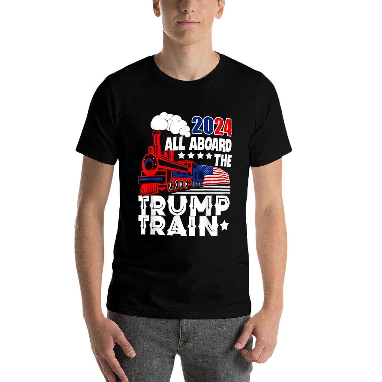 Trump 2024 All Aboard The Trump Train USA American Flag Summer-ready Fabric T-Shirt