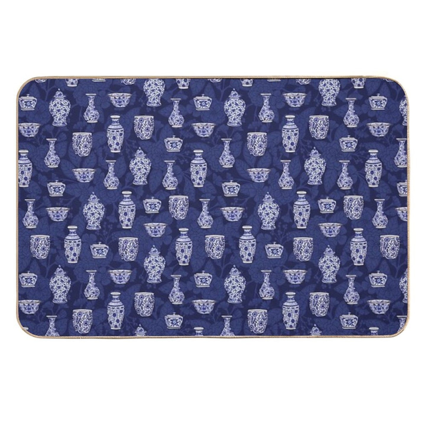 Blue And White Chinoiserie Delftware Pottery Pattern Non-Slip Bath Mat