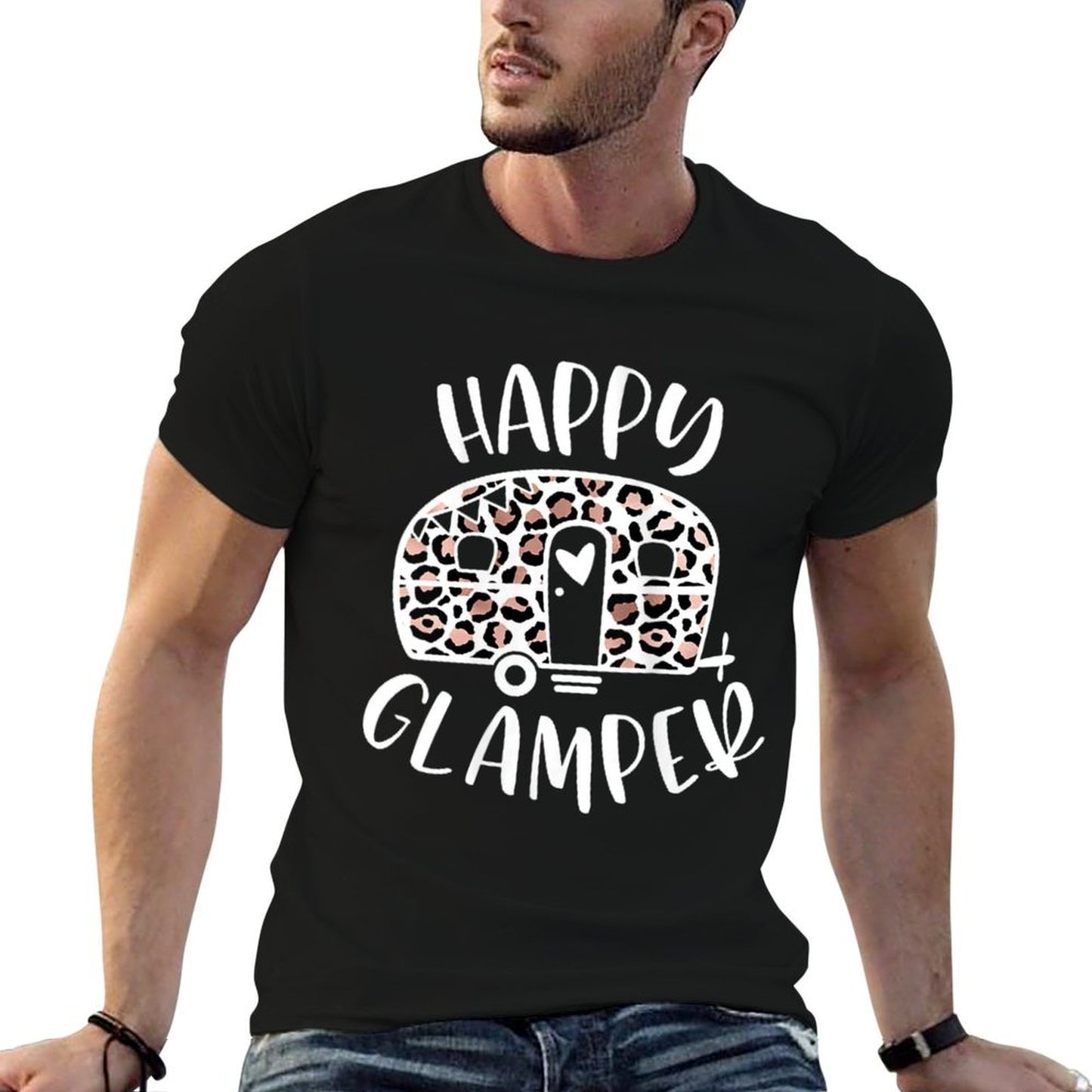 Womens Happy Glamper Trendy Leopard Camping Adventure Durable T-Shirt