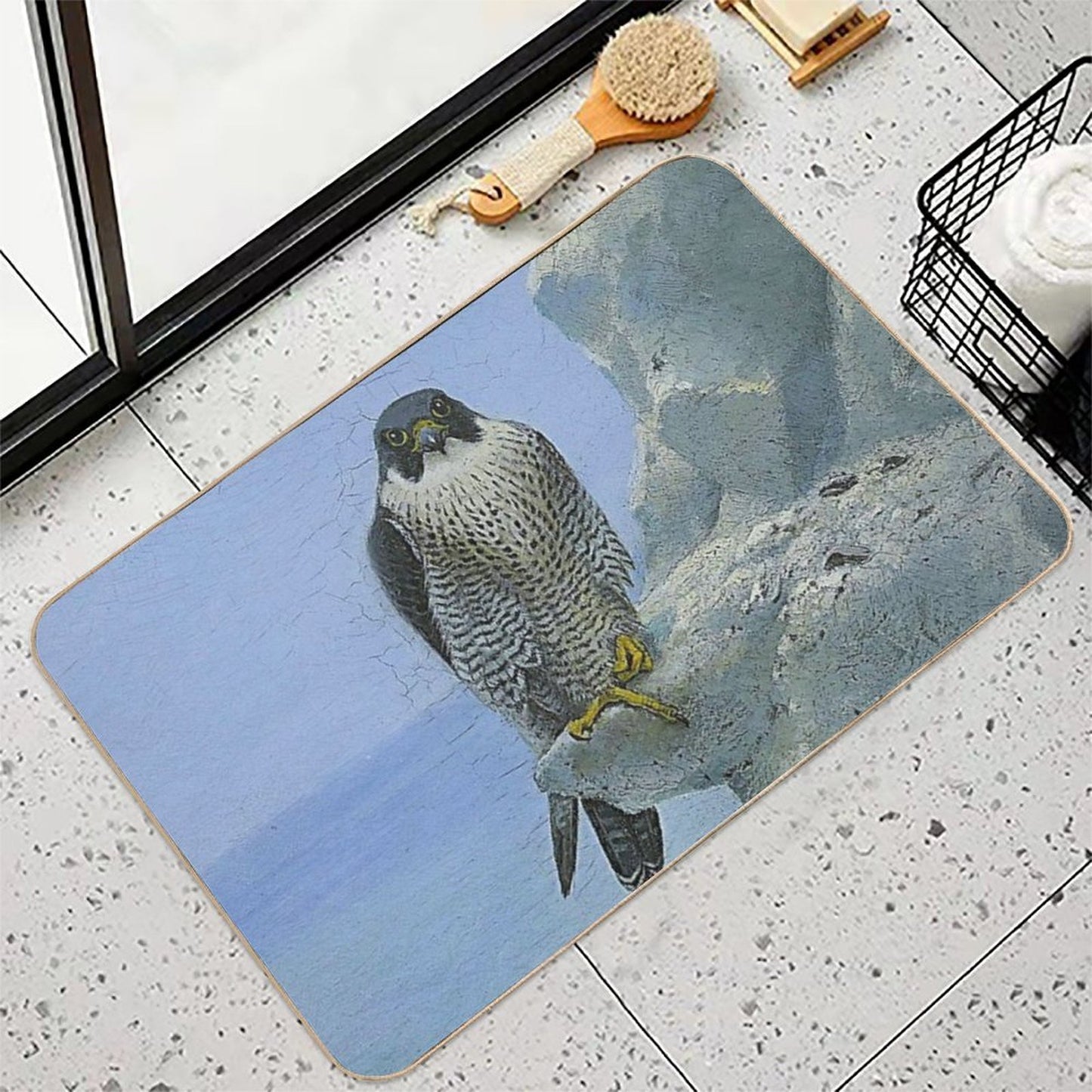 1896 A Peregrine Falcon on A Chalk Cliff Portrait Wilderness Oil on Canvas Painting Print by George Edward Lodge Fade-Resistant Bath Mat