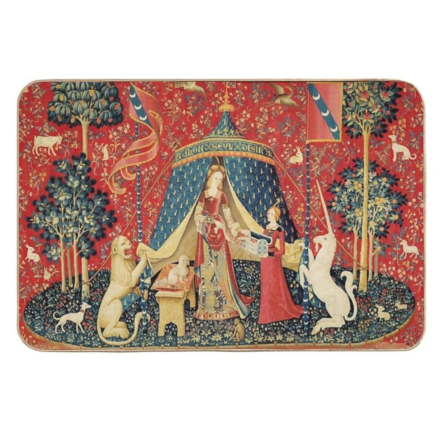 LADY AND THE UNICORN DESIRE ,Lion,Fantasy Flowers,Animals,Red Green Floral Tapestry Eco-Friendly Bath Mat