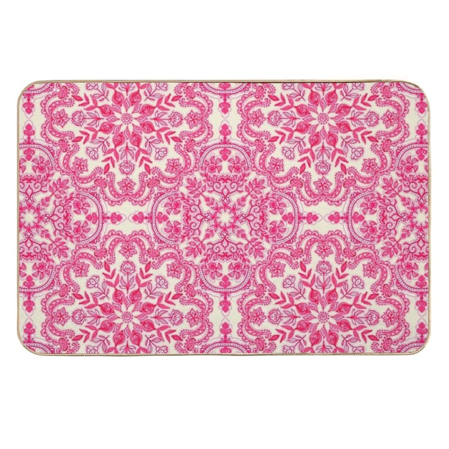 Hot Pink & Soft Cream Folk Art Pattern Rapid-Drying Bath Mat