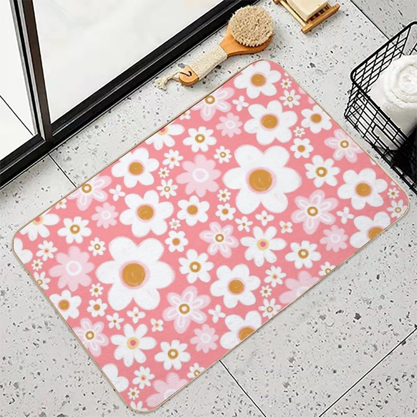 Pink And White Daisy Pattern Non-Slip Bath Mat