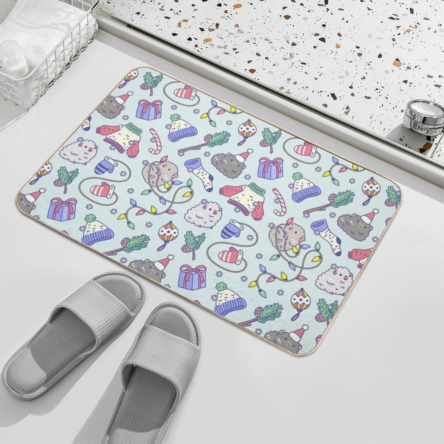 Teddy Guinea Pigs Christmas Patten in Mint Green Background Absorbent Bath Mat