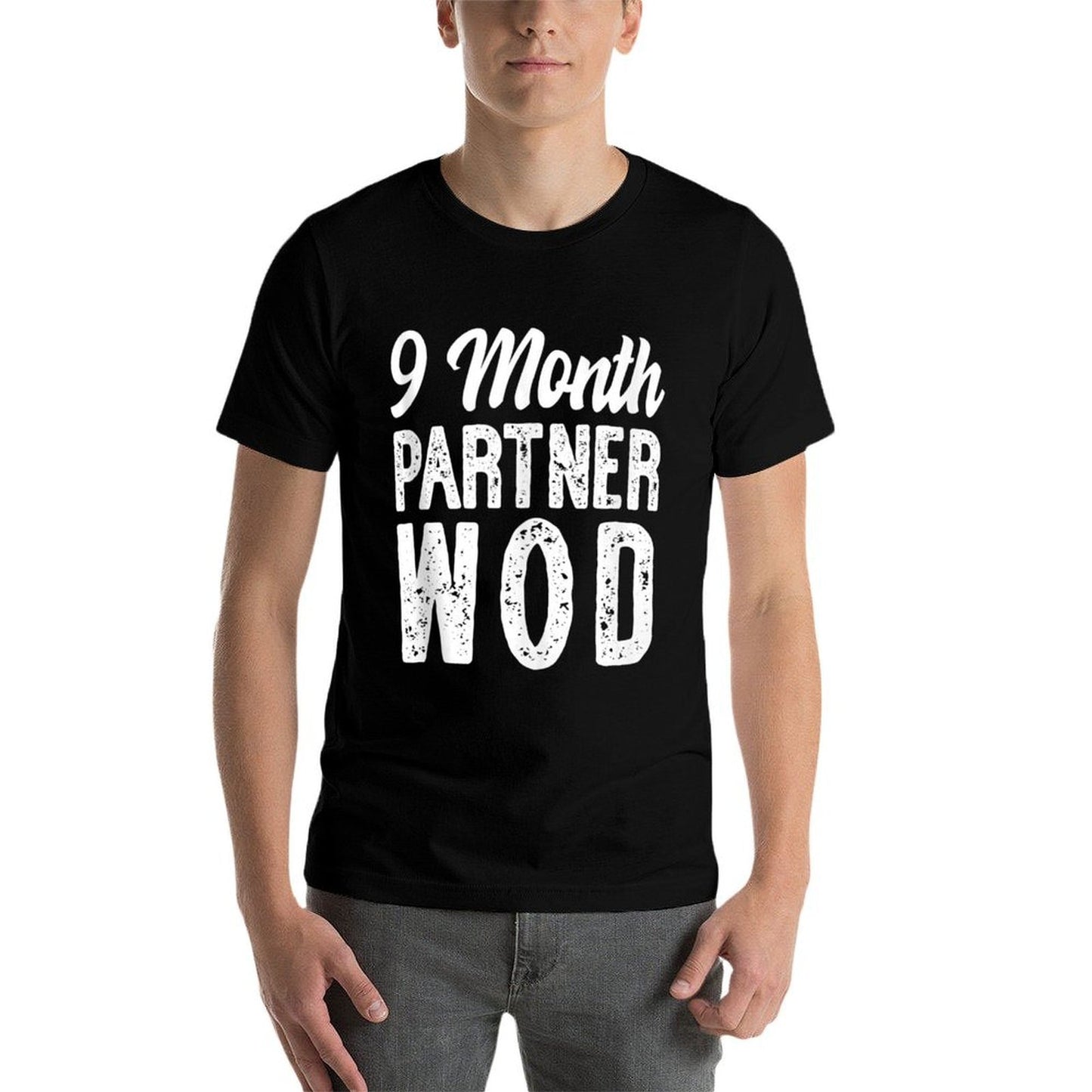 9 Month Partner WOD Workout Running Pregnancy Announcement Ribbed Collar T-Shirt